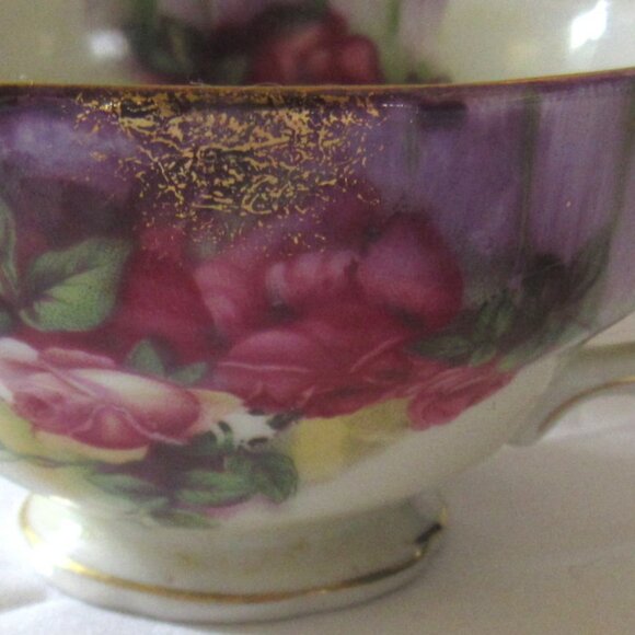 Vintage Japanese Tea Cup and Saucer, Purple with Roses, Gold Trim       I1111 - Picture 7 of 9
